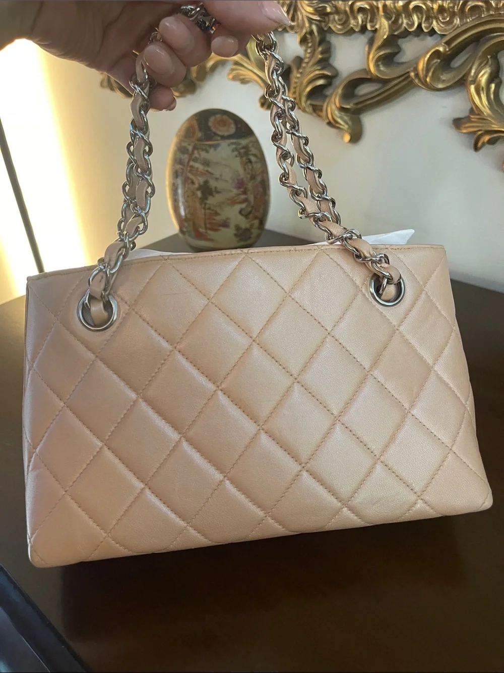 CHANEL Quilted Leather Shoulder Bag in Blush Pink with Silver Chain